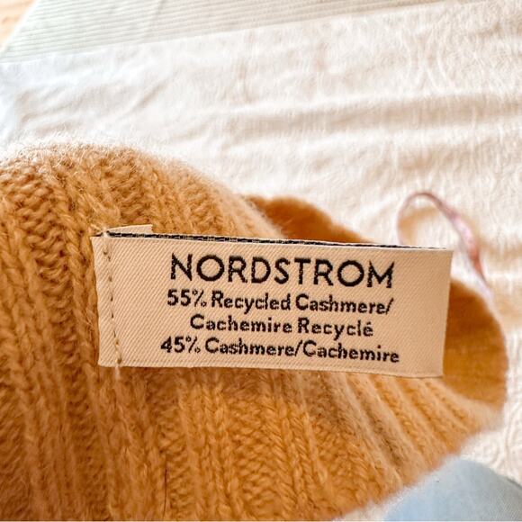Nordstrom Recycled Cashmere Blend Ribbed Knit Beanie Hat Tan Beige - Picture 4 of 5